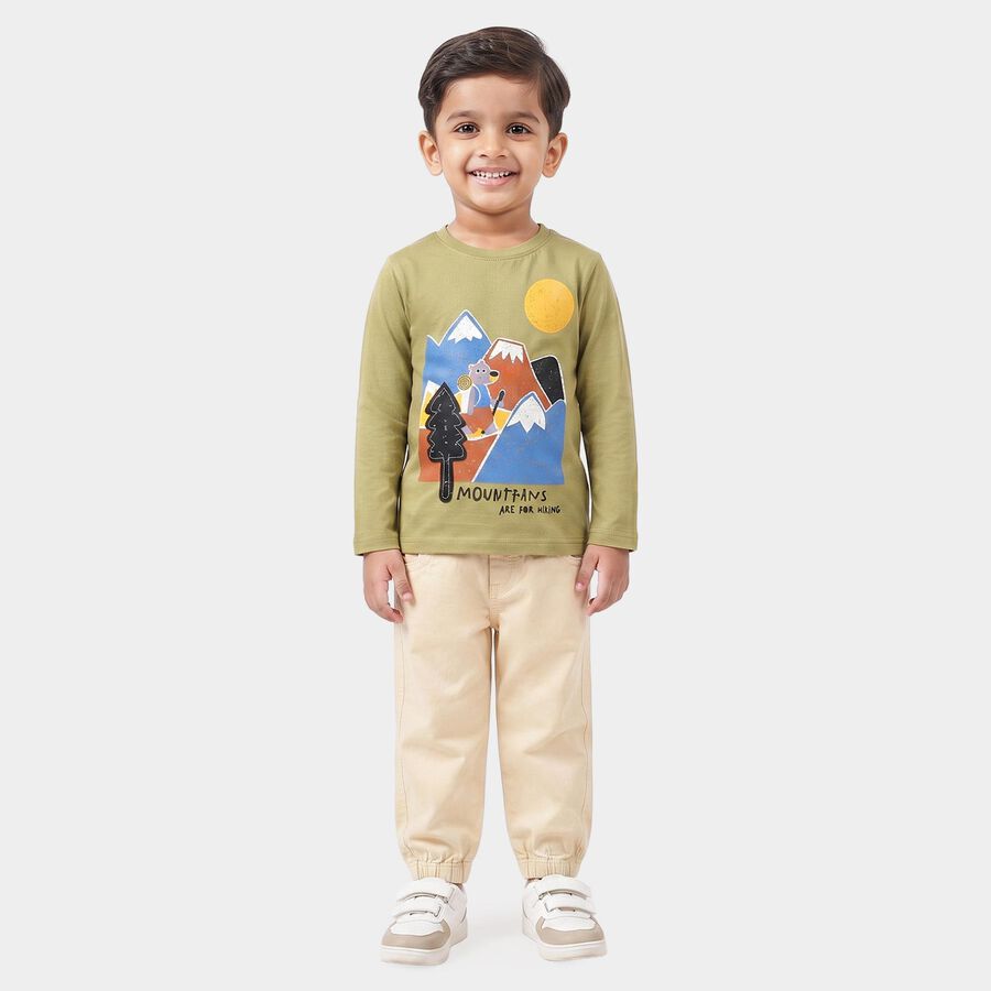 Boys Olive Green 100% Cotton Round Neck Graphic Print Baba Suit, Light Green, large