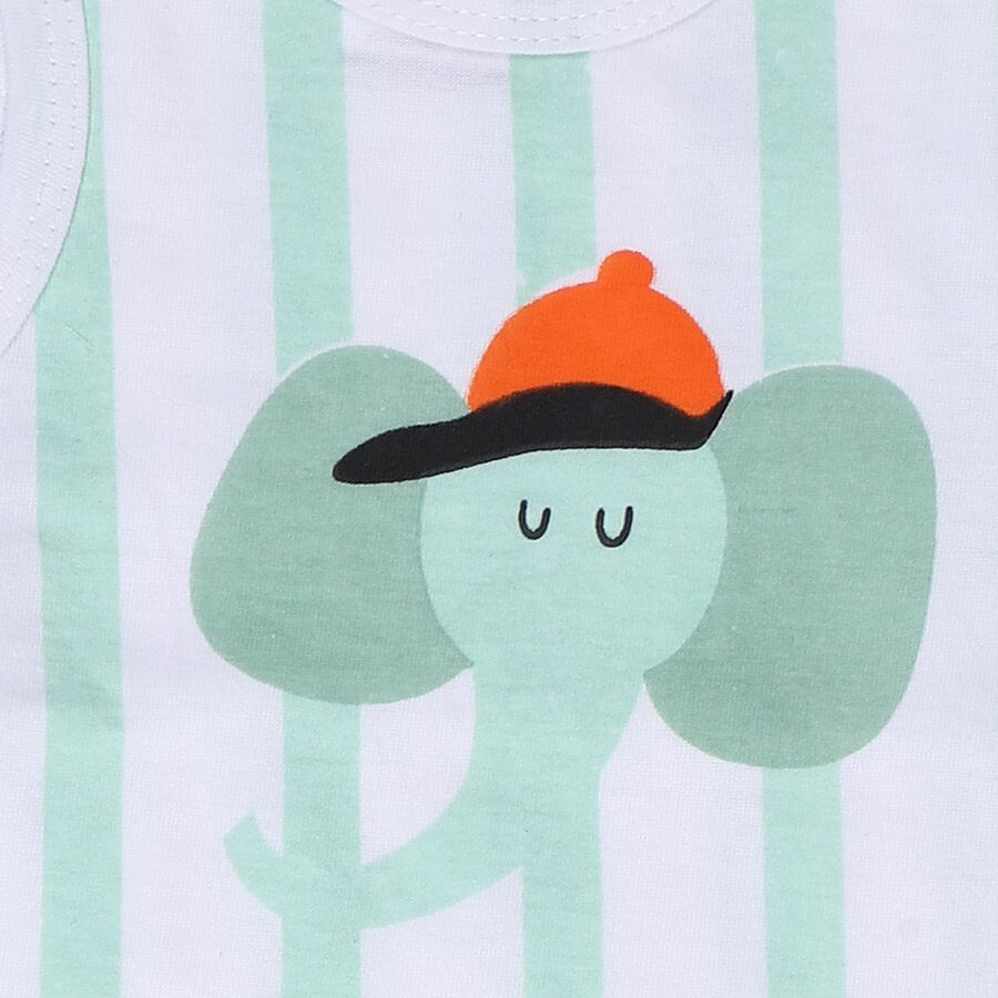 Infants' Mint Cotton Round Neck Striped and Graphic Printed Baba Suit, हल्का हरा, large