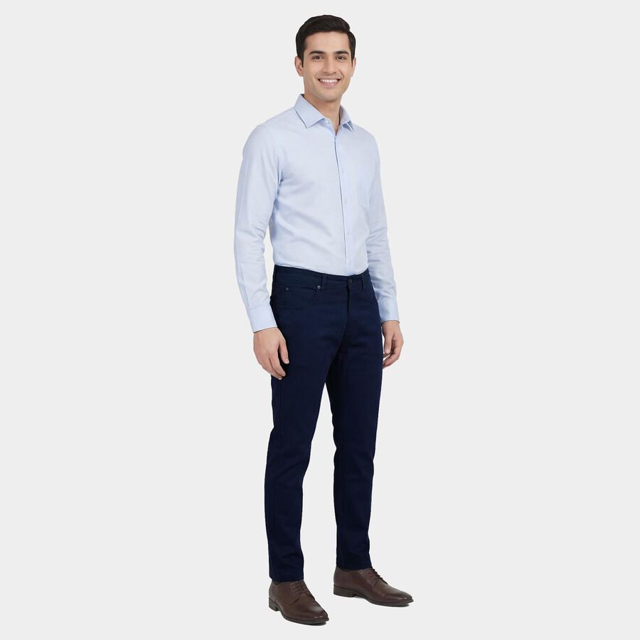 Men's Blue Slim Fit Flat-Front Casual Trousers, Mid Blue, large