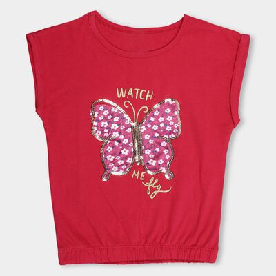 Girls' Vibrant Red Cotton Round Neck Casual T-Shirt