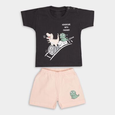 Baby Boys' Black Cotton Round Neck Cartoon Printed Baba Suit