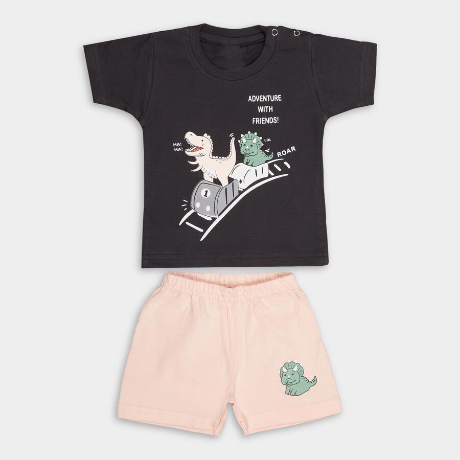 Baby Boys' Black Cotton Round Neck Cartoon Printed Baba Suit, Charcoal, large image number null