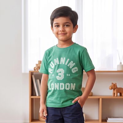 Boys' Green Crew Neck Regular Graphic Print T-Shirt