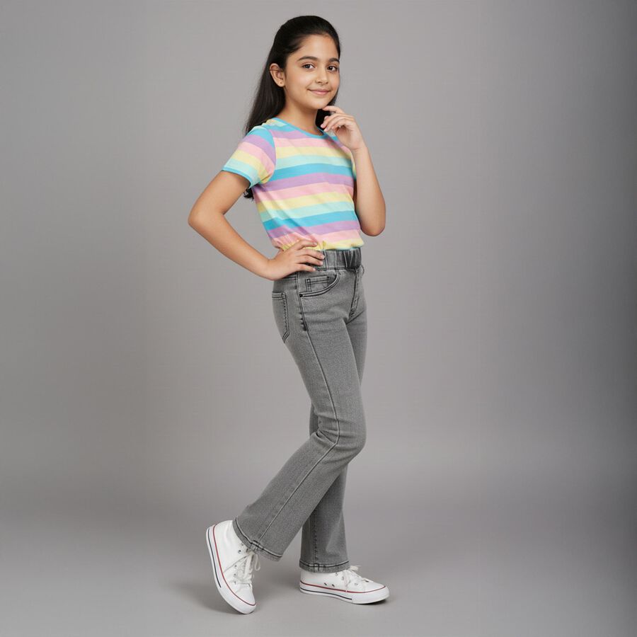 Girls' Muted Charcoal Grey Flared Fit Elastic Waist Jeans, Black, large image number null