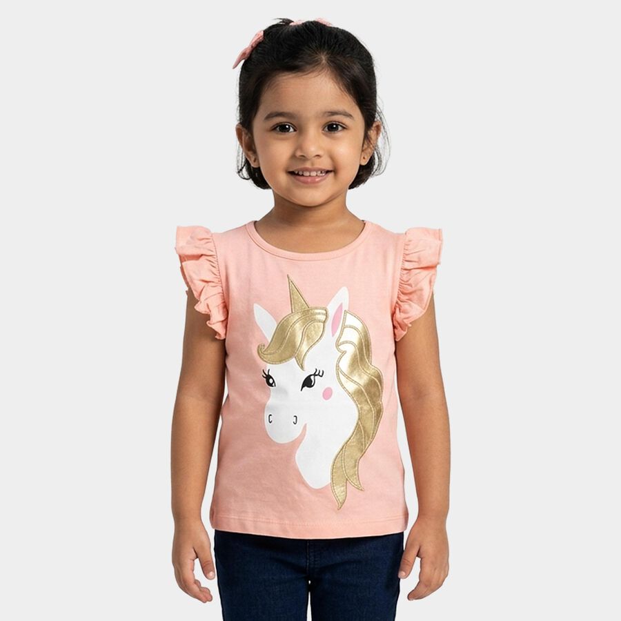 Girls Peach Cotton Round Neck Casual T-Shirt, Peach, large
