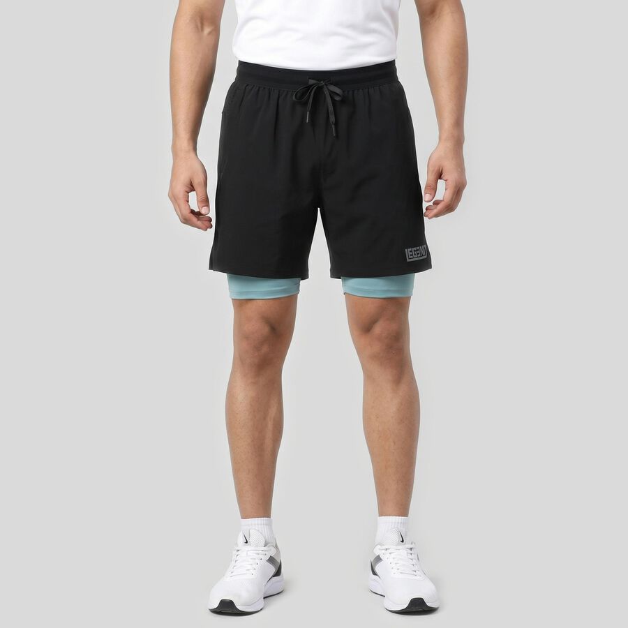 Men's Black Regular Fit 2-in-1 Sports Shorts, Black, large