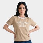 Women Beige Round Neck Regular T-Shirt, Beige, small