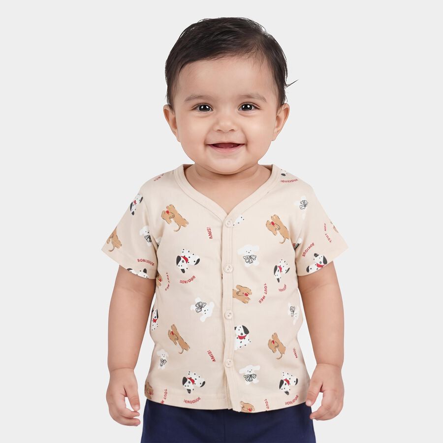 Infants Beige Cotton V-Neck Casual T-Shirt, Beige, large