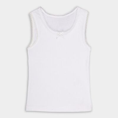 Girls Bright White Cotton Round Neck Sleeveless Vest