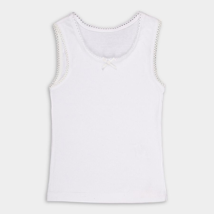 Girls Bright White Cotton Round Neck Sleeveless Vest, White, large image number null