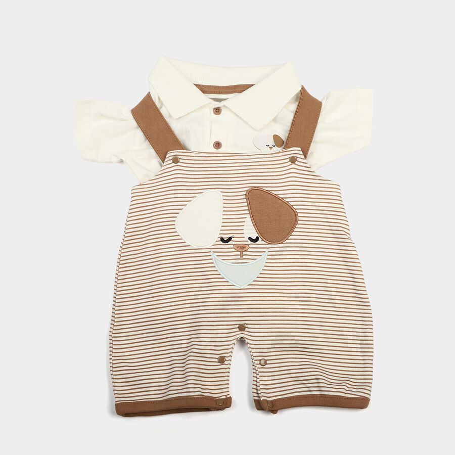 Infants' Beige 100% Cotton Polo Neck Striped Appliqu&eacute; Baba Suit, Beige, large