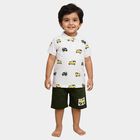 Boys' White Cotton Polo Neck Car Print Baba Suit, White, small image number null