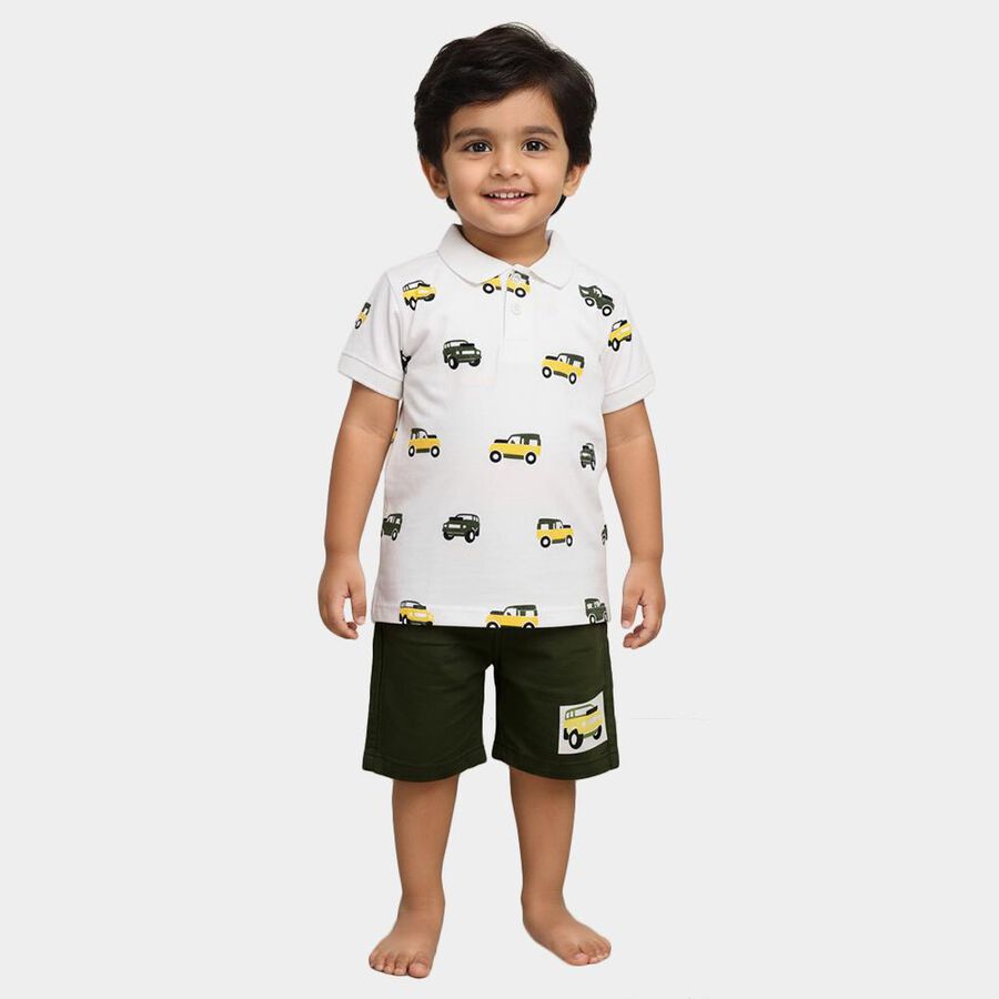 Boys' White Cotton Polo Neck Car Print Baba Suit, White, large image number null