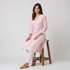 Women's Pink Cotton V-Neck Printed Kurta, हल्का गुलाबी, small