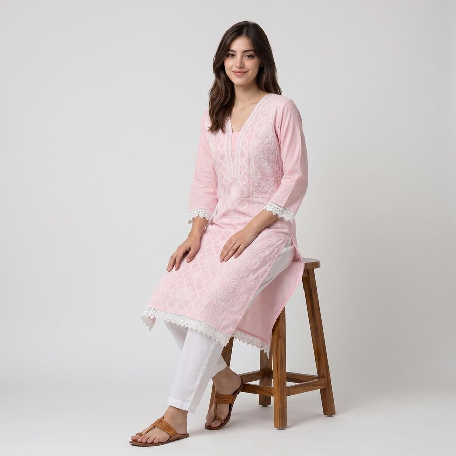 Women's Pink Cotton V-Neck Printed Kurta, हल्का गुलाबी, large