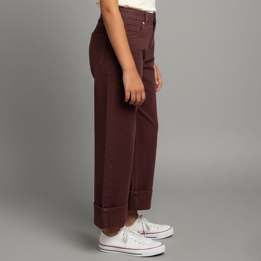 Girls' Deep Burgundy Wide Leg Cotton Jeans, वाइन, large image number null