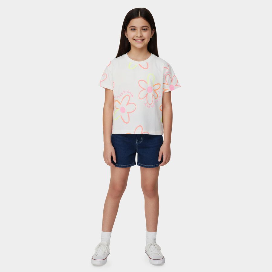 Girls White Cotton Round Neck Casual T-Shirt, White, large