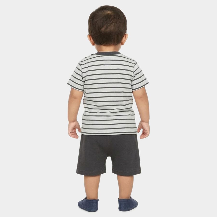 Infants' Grey Cotton Round Neck Striped Baba Suit, हल्का ग्रे, large