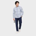 Men's Blue Cotton Long Sleeve Checked Regular Fit Shirt, मध्यम नीला, small