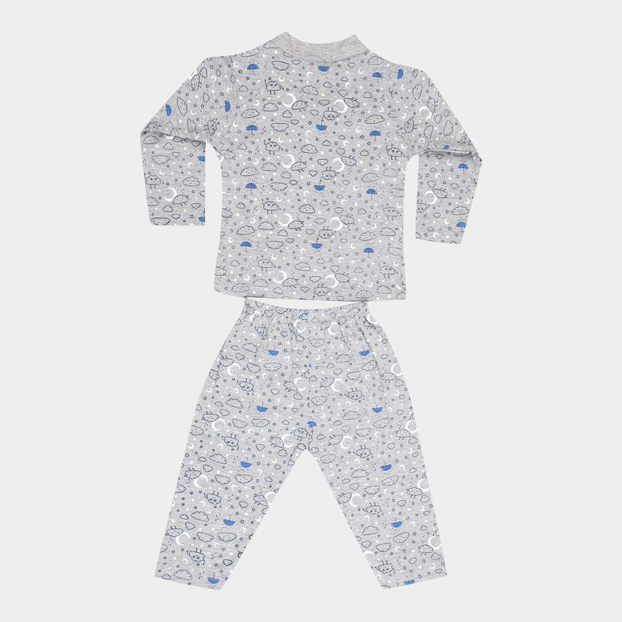 Infants Cotton Printed Night Suit, Melange Light Grey, large image number null