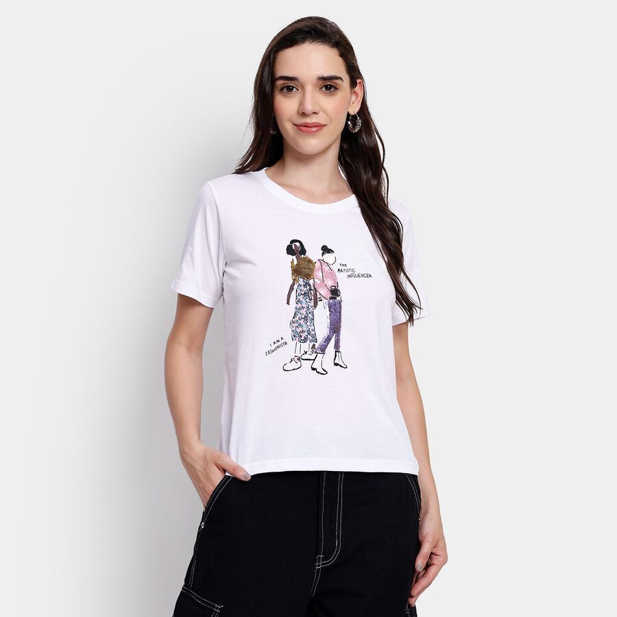 Ladies' Round Neck T-Shirt, सफ़ेद, large image number null