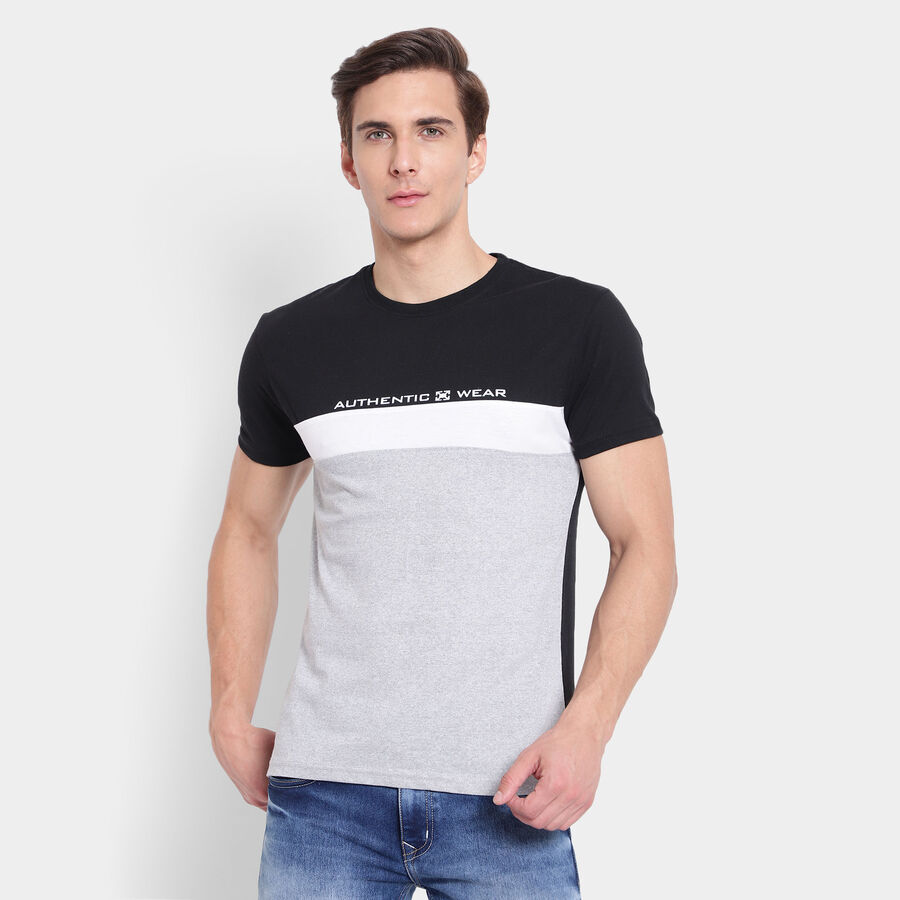 Cut & Sew Round Neck T-Shirt, Black, large image number null