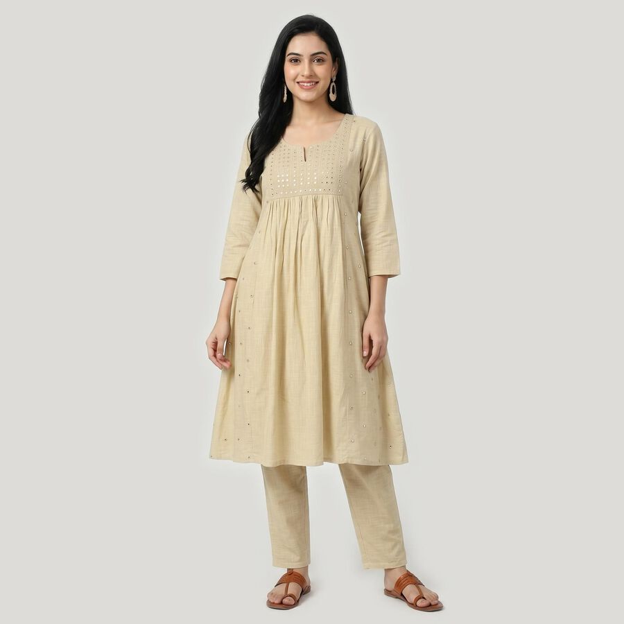 Women's Beige Cotton Embellished Ethnic Set, Beige, large