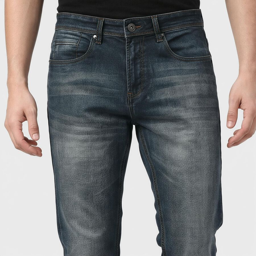 Men's Navy Blue Slim Fit Faded Jeans, Dark Blue, large
