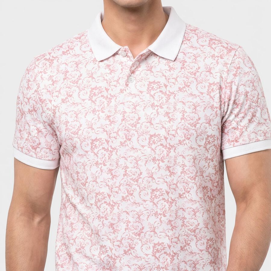 Men's Rust Cotton Polo Neck Floral Printed T-Shirt, Rust, large