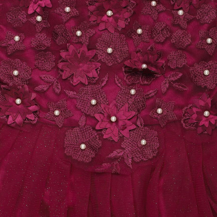 Girls' Wine Fit and Flare Embellished Party Wear Frock, Wine, large