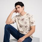 Men's Beige Round Neck Regular Printed T-Shirt, गहरा पीला, small