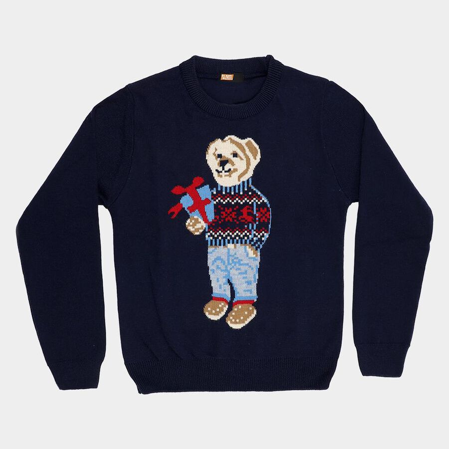 Boys' Deep Midnight Navy Blue Crew Neck Graphic Pullover, Navy Blue, large image number null