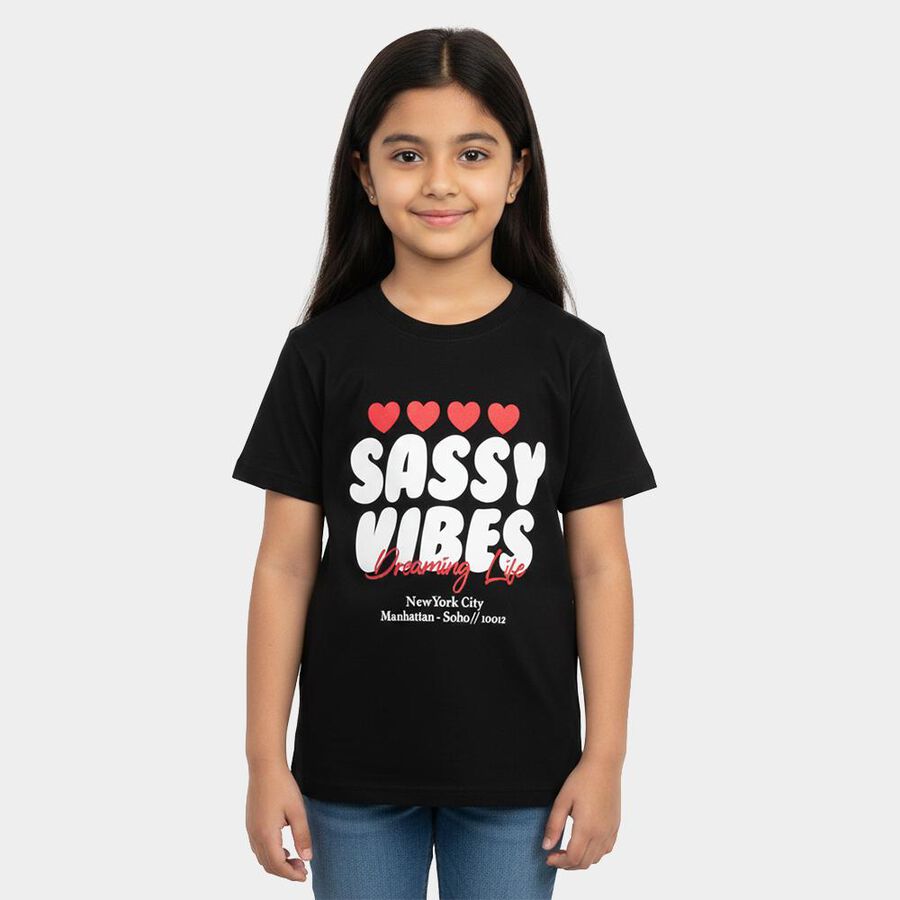 Girls Black Round Neck Casual T-Shirt, काला, large