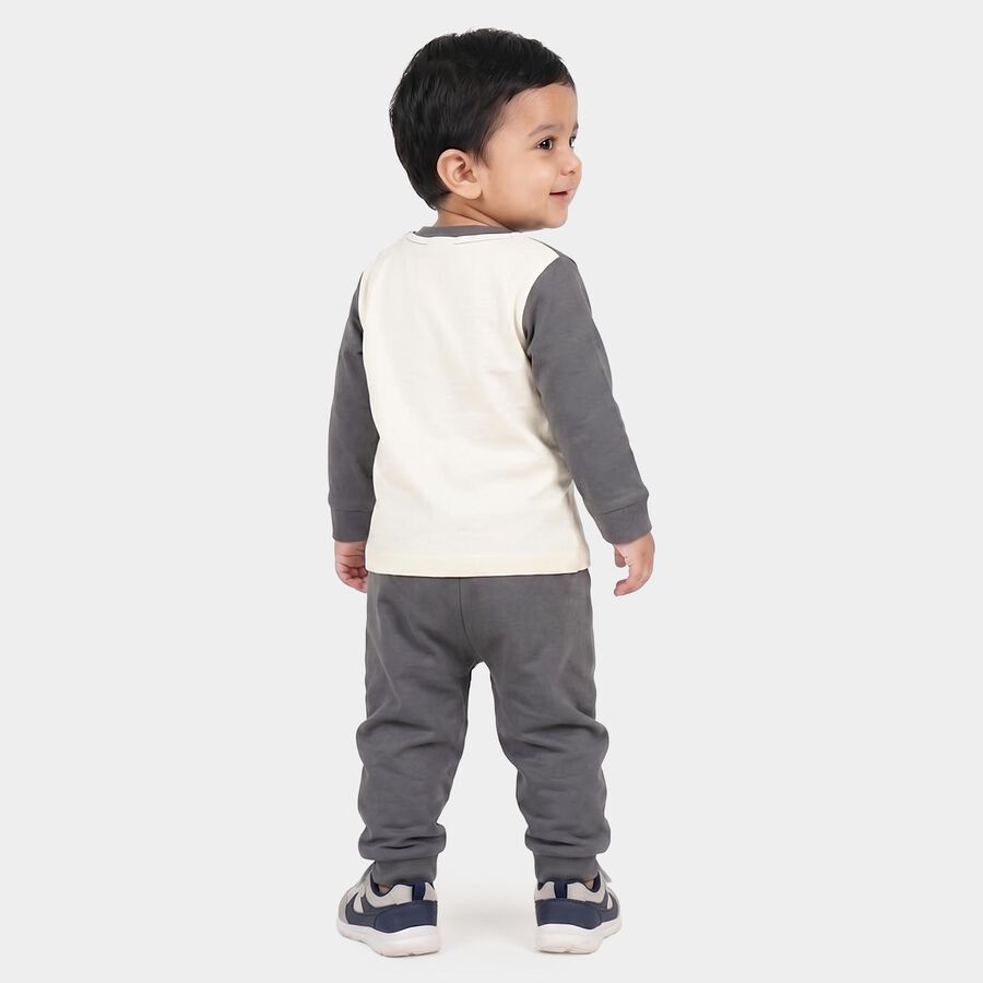 Infants' Grey Cotton Round Neck Graphic Print Baba Suit, Dark Grey, large
