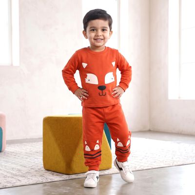 Boys Brown Round Neck Graphic Print Baba Suit