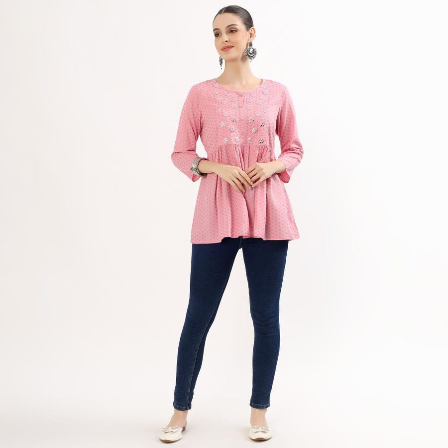 Women's Soft Dusty Pink Round Neck Embroidered Kurti, Pink, large image number null