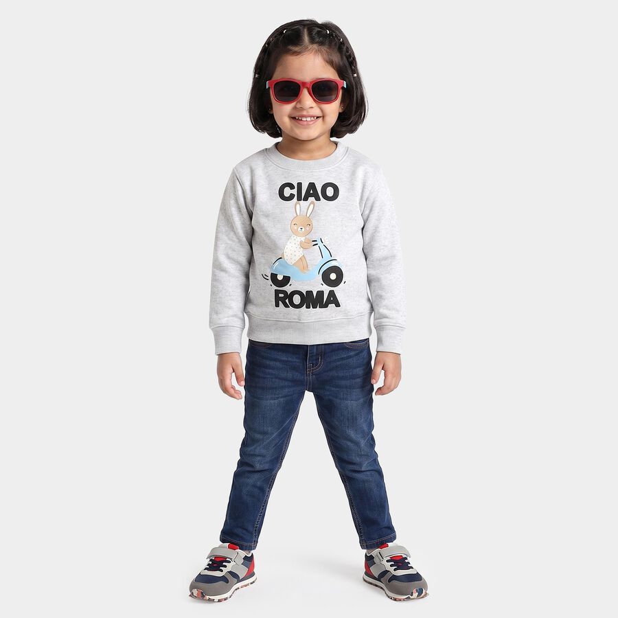 Girls Ecru Melange Round Neck Pullover Sweatshirt, एक्रू मिश्रित, large