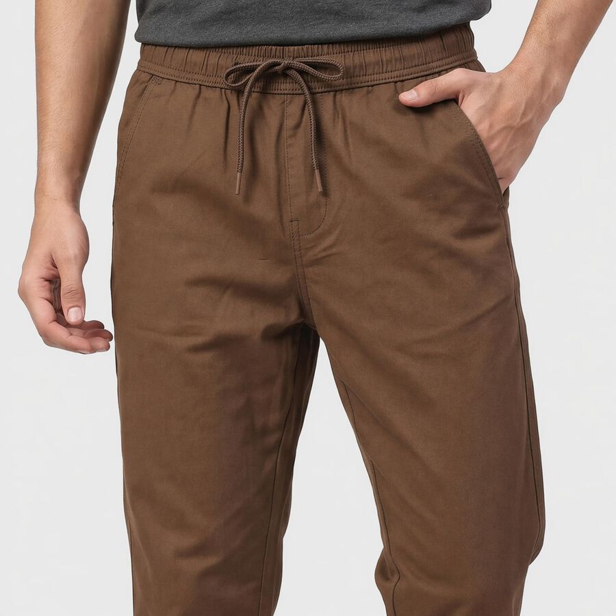 Men's Brown Slim Fit Drawstring Chino Trousers, Brown, large