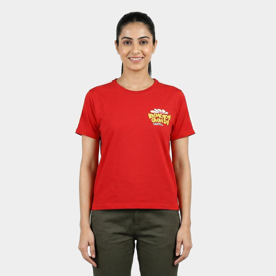 Women Red Round Neck Casual T-Shirt, Red, large