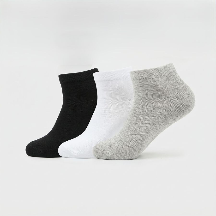 Men's Ankle Length Regular Fit Solid Pack of 3 Socks ( Black, White, Grey ), Black, large