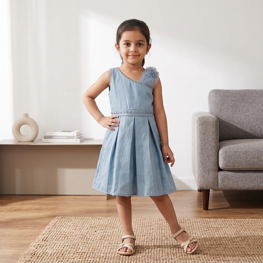 Girls' Light Blue Fit and Flare One Shoulder Embellished Frock, हल्का नीला, large