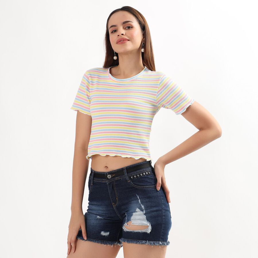 Women's Pastel Yellow Round Neck Casual Crop T-Shirt, Yellow, large image number null