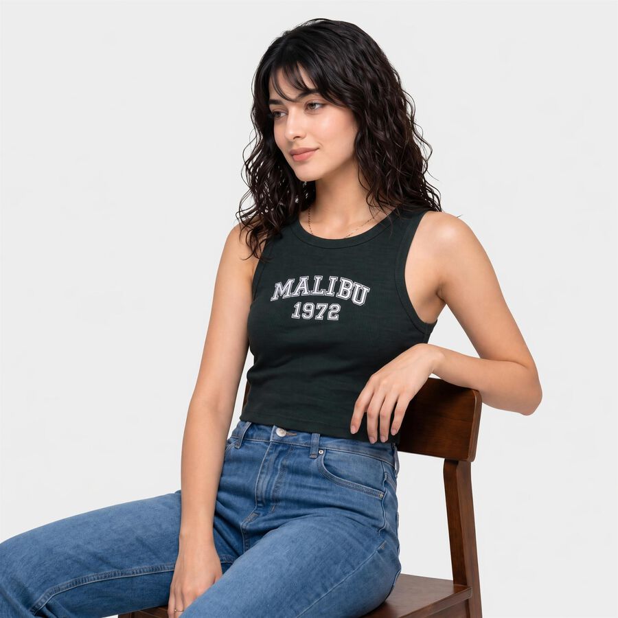 Women's Green Cotton Blend Round Neck Crop T-Shirt, गहरा हरा, large