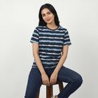 Women's Navy Blue Round Neck Striped Regular T-Shirt, नेवी ब्लू, small