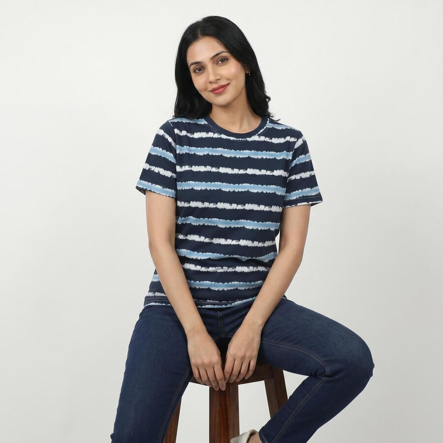Women's Navy Blue Round Neck Striped Regular T-Shirt, नेवी ब्लू, large
