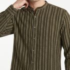 Men's Olive Green Cotton Mandarin Collar Striped Regular Fit Shirt, Olive, small