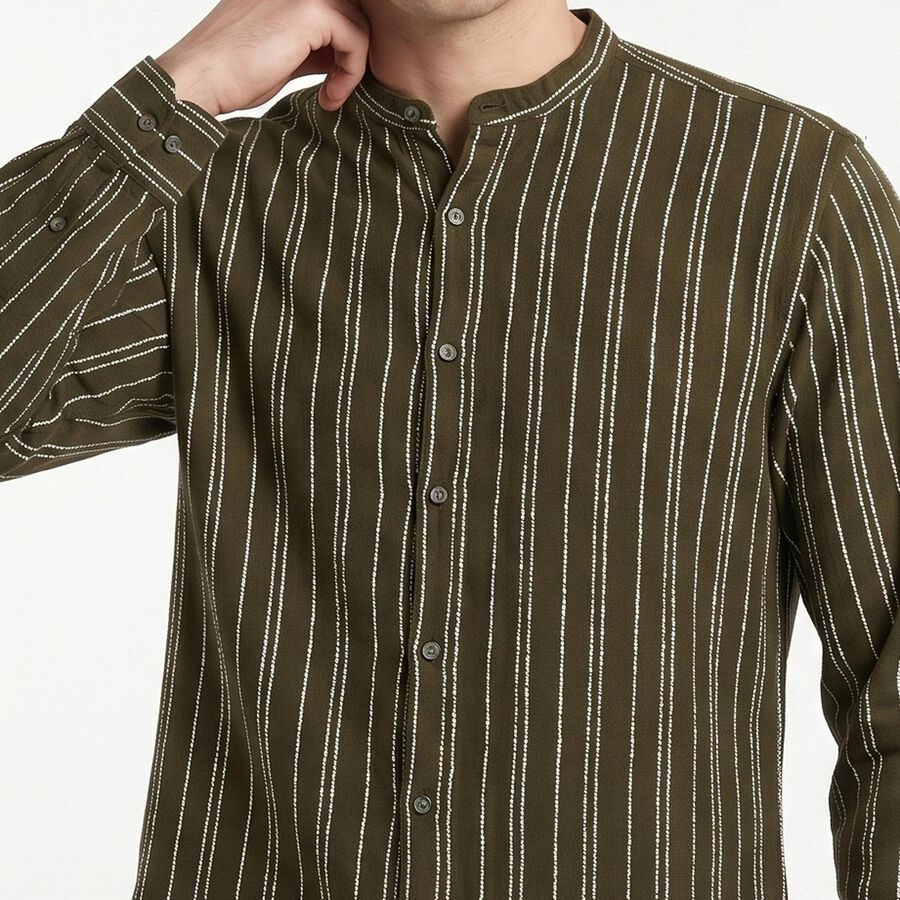 Men's Olive Green Cotton Mandarin Collar Striped Regular Fit Shirt, Olive, large