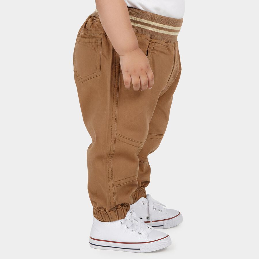 Infants Brown Jogger Fit Teddy Print Trousers, गहरा पीला, large