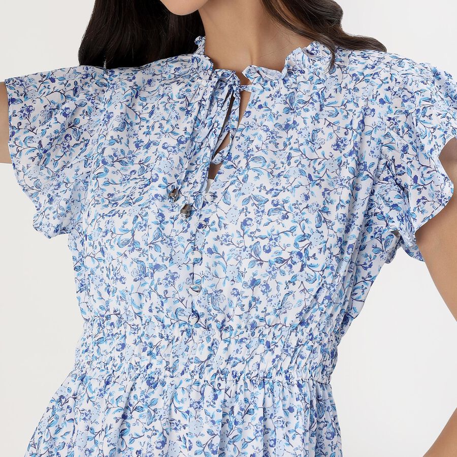 Women's Light Blue Ruffled Neck Romantic Dress, हल्का नीला, large image number null