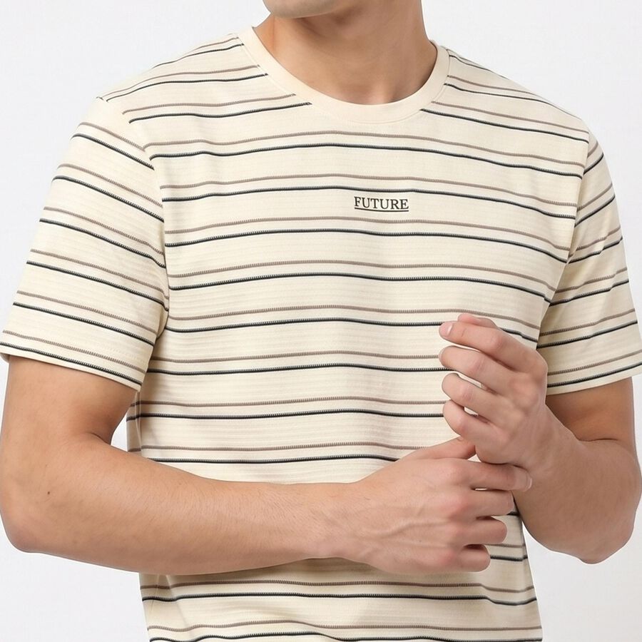 Men's Cream Round Neck Regular T-Shirt, ऑफ व्हाइट, large